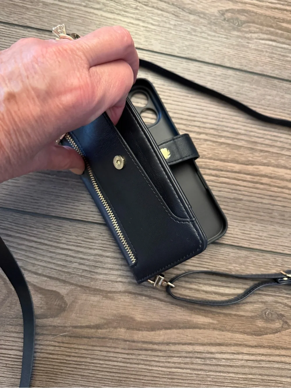 Black Leather Crossbody Phone Wallet with Strap iPhone 16 pro max